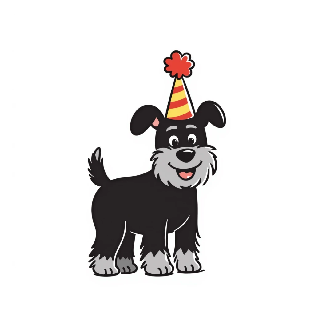 A schnauzer dog wearing a colorful birthday hat sticker