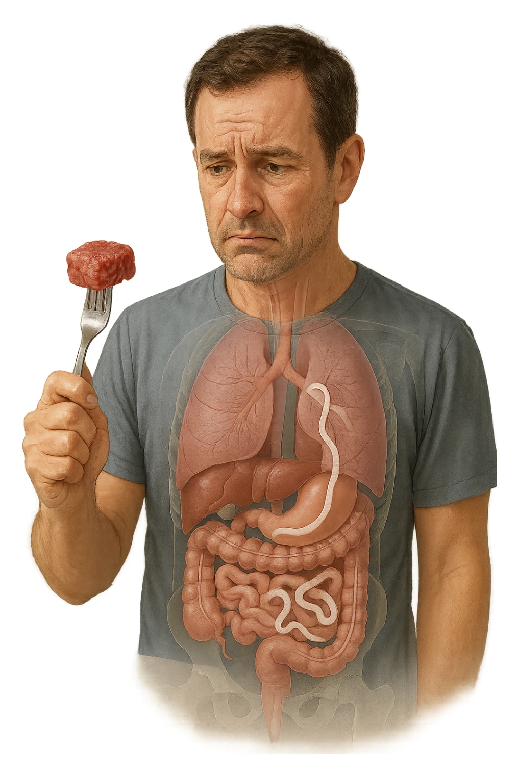 A realistic, high-quality medical illustration showing a concerned man in his early 40s holding a piece of raw beef tartare on a fork, looking at it with a worried expression. Behind him, a transparent overlay of his digestive system reveals the presence of Taenia saginata (beef tapeworm), depicted as a long, segmented white worm inside his intestines, symbolizing the infection. The environment is a kitchen with bright but neutral lighting, creating a serious educational tone. Subtle anatomical highlights and clean medical graphics convey the concept of parasite transmission through undercooked beef, emphasizing food safety and health awareness. sticker