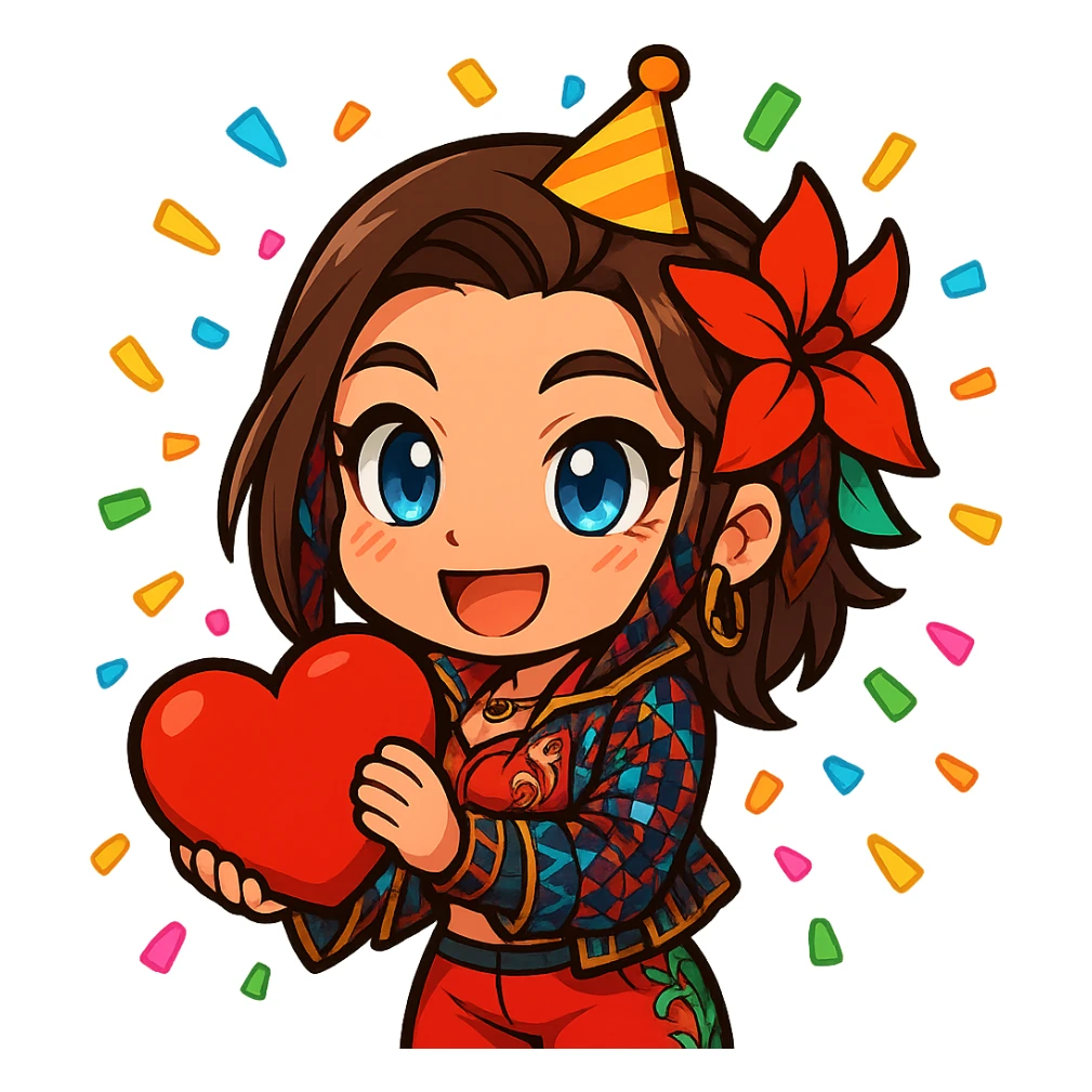 Azucena from Tekken 8 in chibi sticker style, wearing a party hat and surrounded by confetti, celebrating, wearing the detailed red and patterned outfit from the reference images, designed for Twitch emote use. sticker