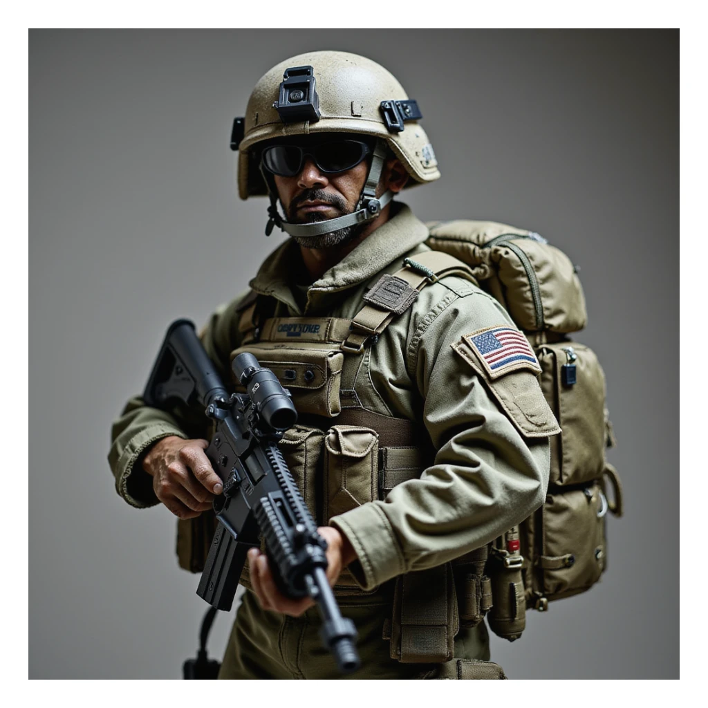 realistic military style soldier with gun, chest rig, backpack, and helmet sticker
