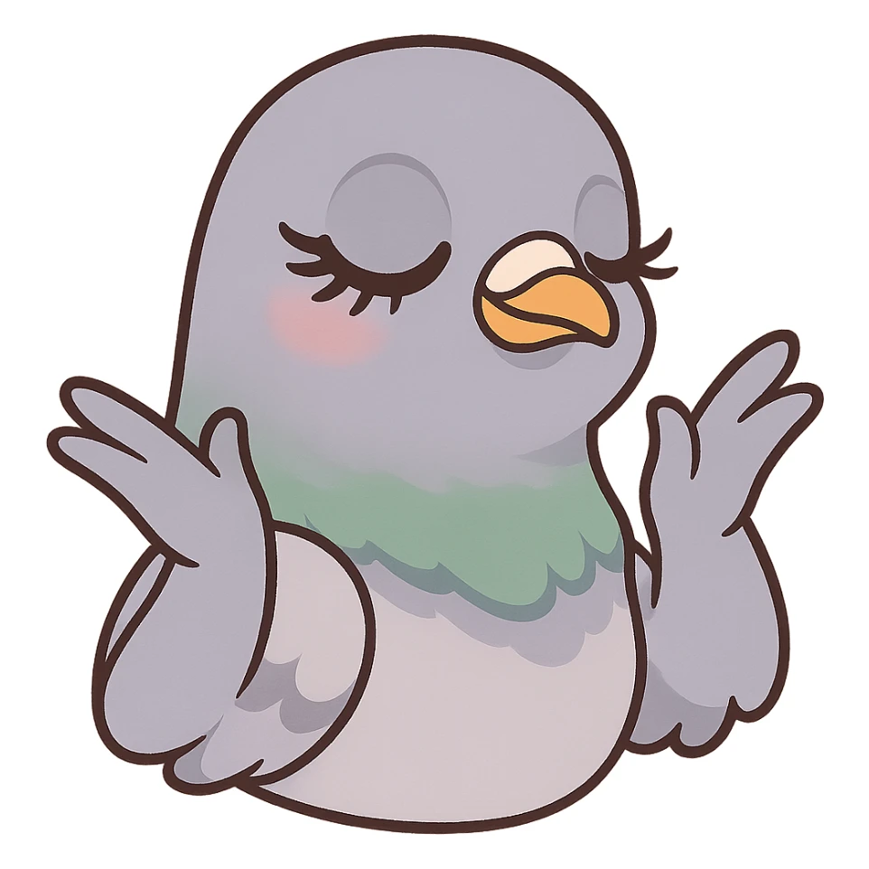 pigeon head with dramatic lashes and hands in a 'yasss' pose, playful style, cartoon style sticker