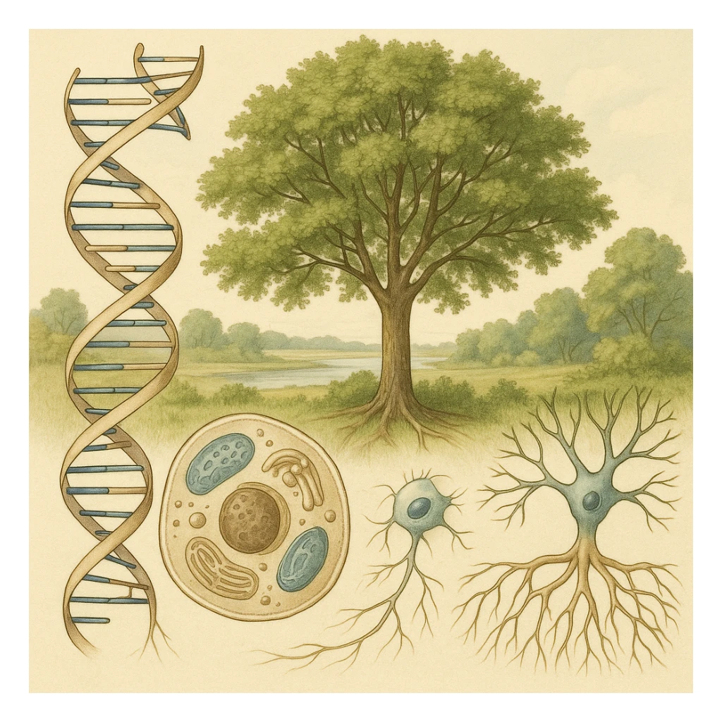 A realistic biological illustration showing: DNA strands transitioning into a tree, cells with visible organelles, neurons connected to plant roots  and a balanced ecosystem background . Seamless integration, no labels or borders. Scientific color scheme, detailed but minimalist. sticker