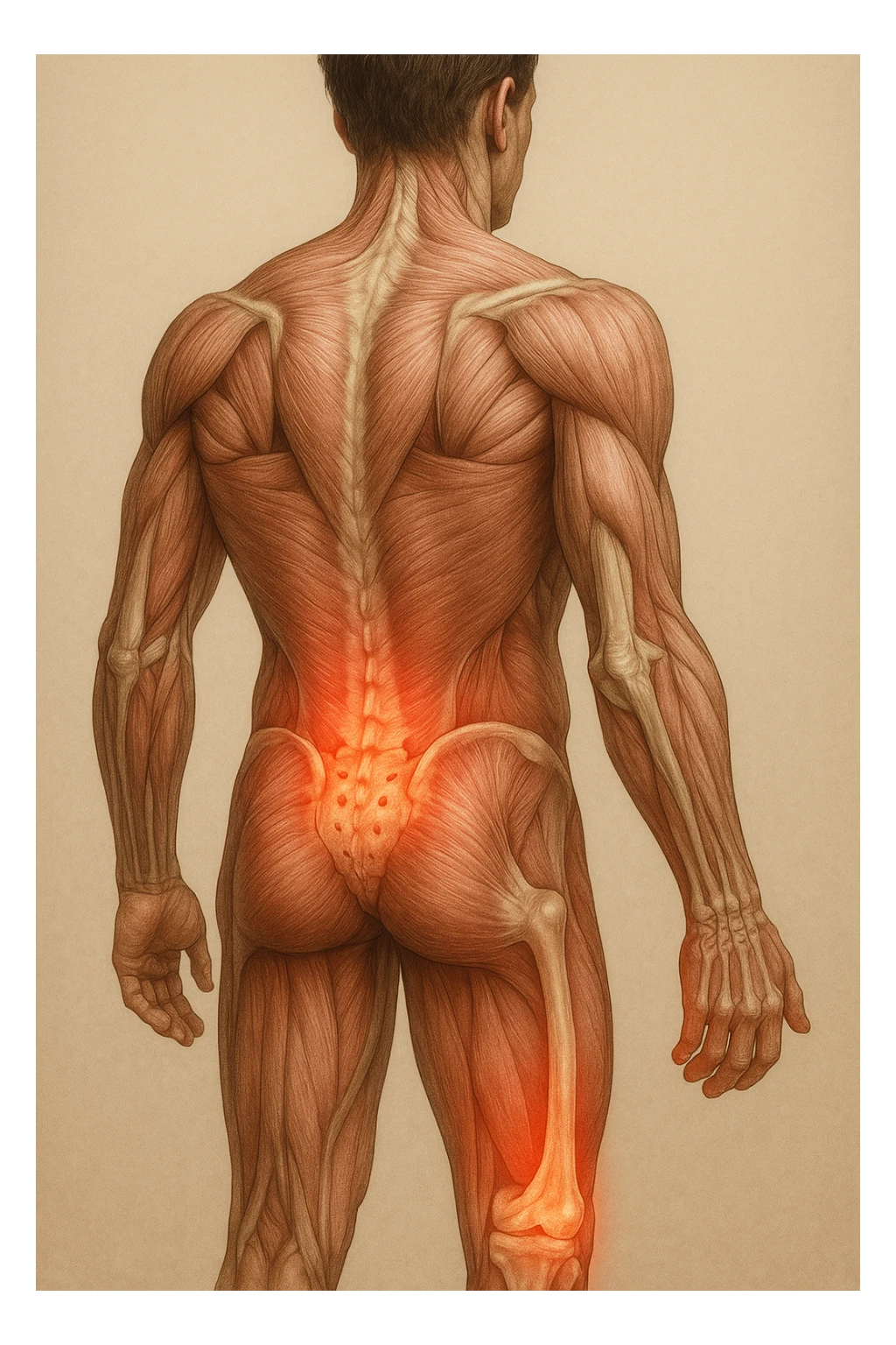 corpo umano anatomico con mal di schiena e al ginocchio, iperrealistico 4k sticker