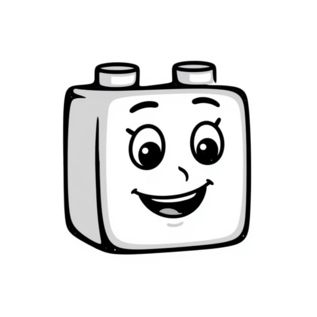 A hand-drawn red Lego-style brick with a silly cute expression sticker