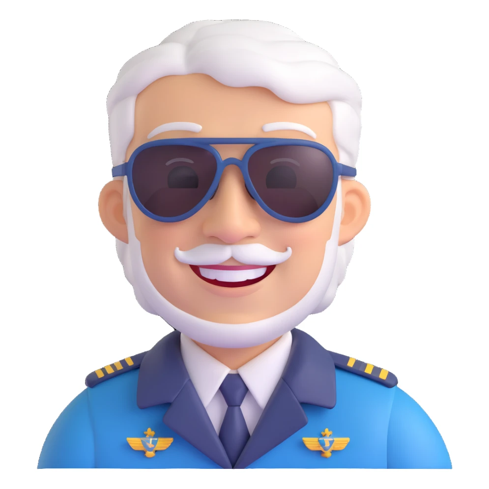 middle-aged male pilot, smiling, white skin, wearing sunglasses sticker