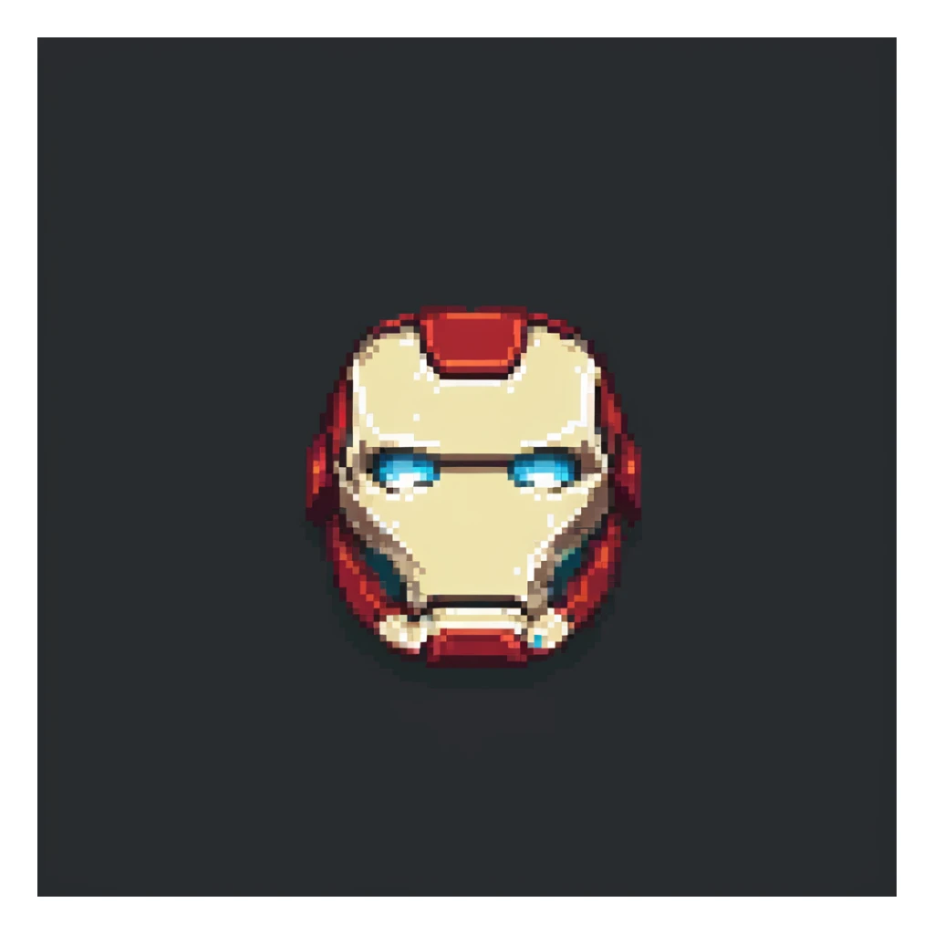 Front-facing Ironman mask, pixelated in the style of vintage Nokia mobile games, retro pixel art sticker