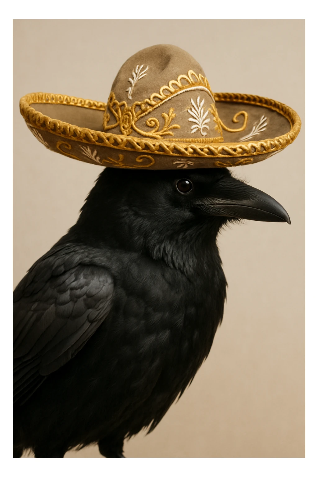 a realistic black crow with a traditional mariachi hat, detailed and lifelike sticker