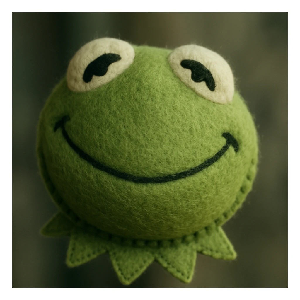 smiling plush Kermit face, emoji style, soft fabric look, joyful expression sticker