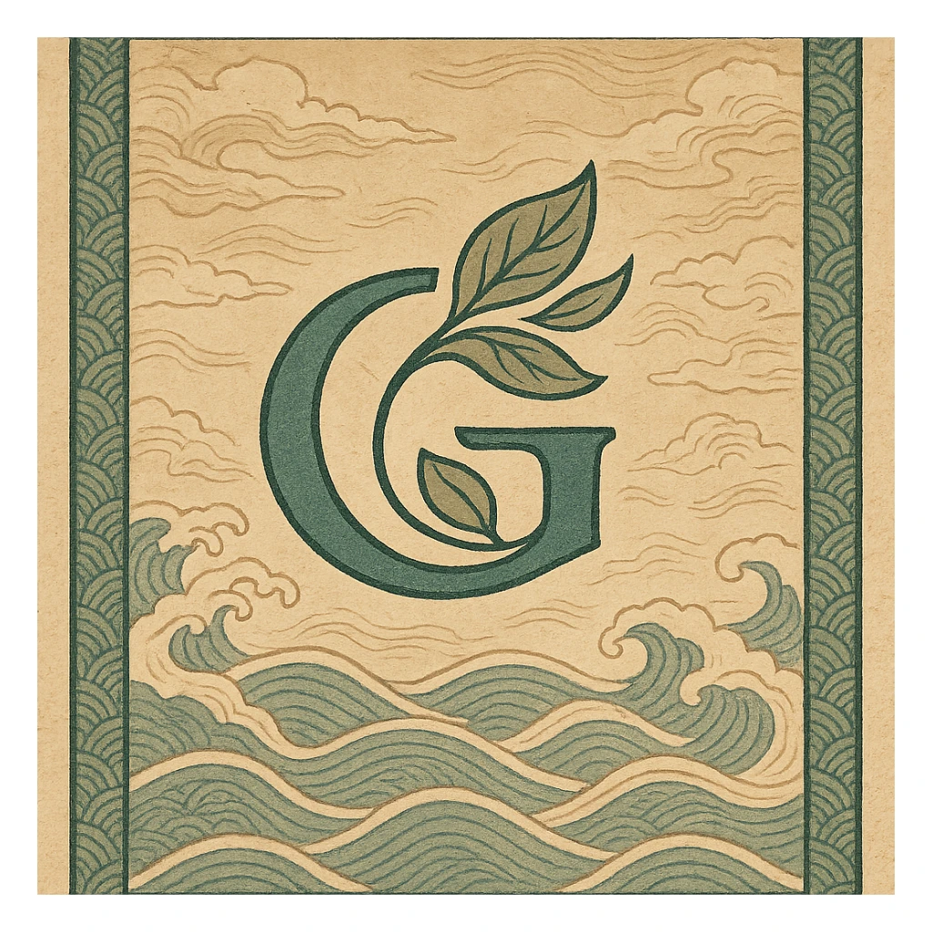 logo featuring the letter G with stylized leaves, elegant Japanese-inspired design, traditional ukiyo-e background with waves or clouds sticker
