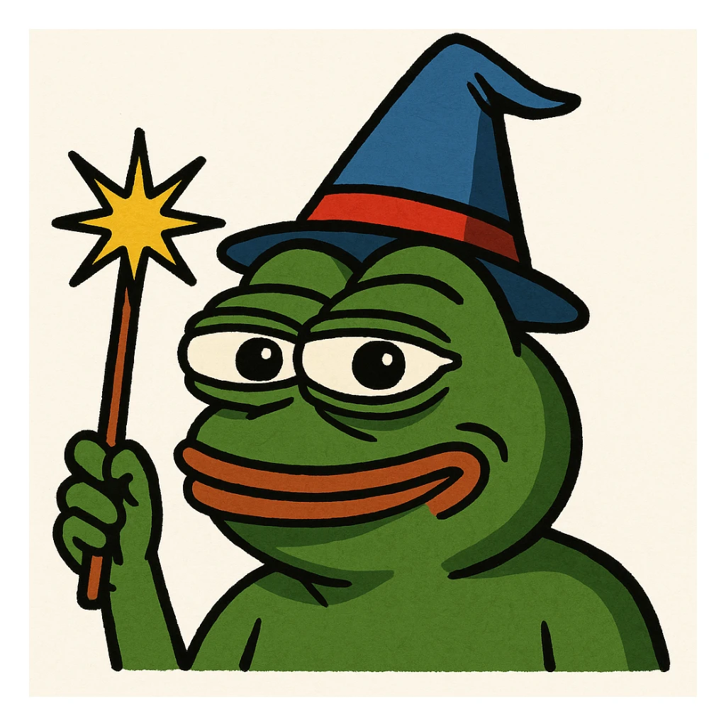Pepe the Frog with a wizard hat and magic wand, meme style sticker