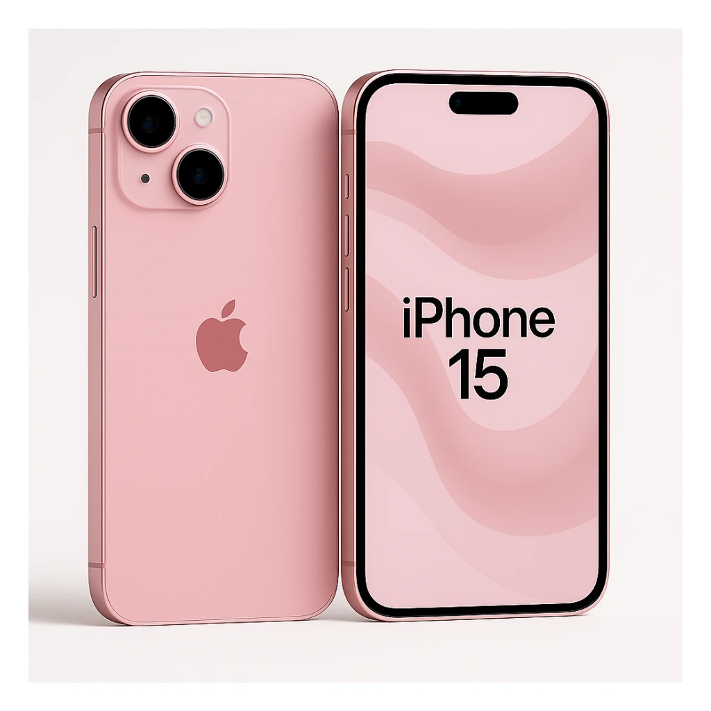 Change the iPhone 15 to pink color with a visible Apple logo in a realistic style. Keep the white background. sticker