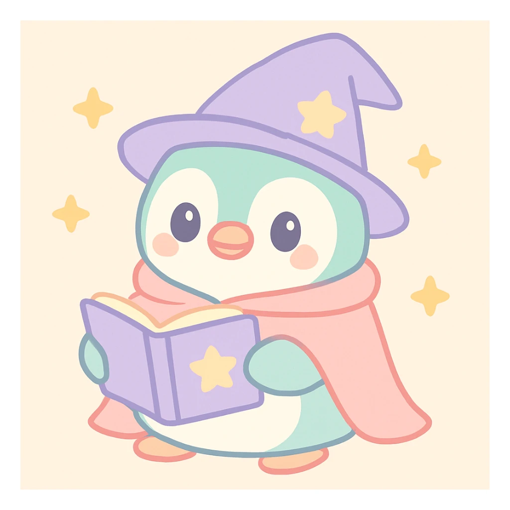 chubby penguin with a wizard hat and cloak, holding an open spellbook, charming and friendly style sticker