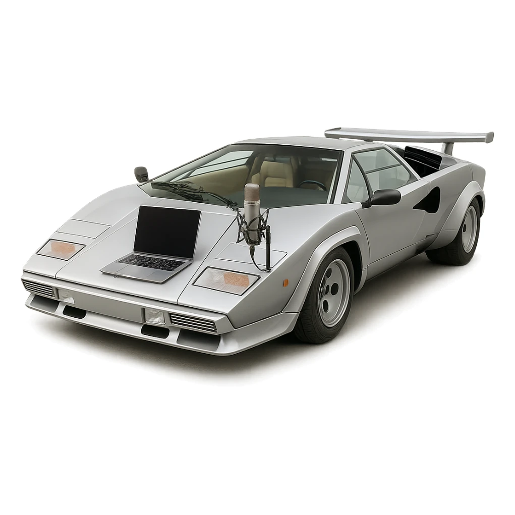 Lamborghini Countach with a laptop and recording microphone on the hood sticker