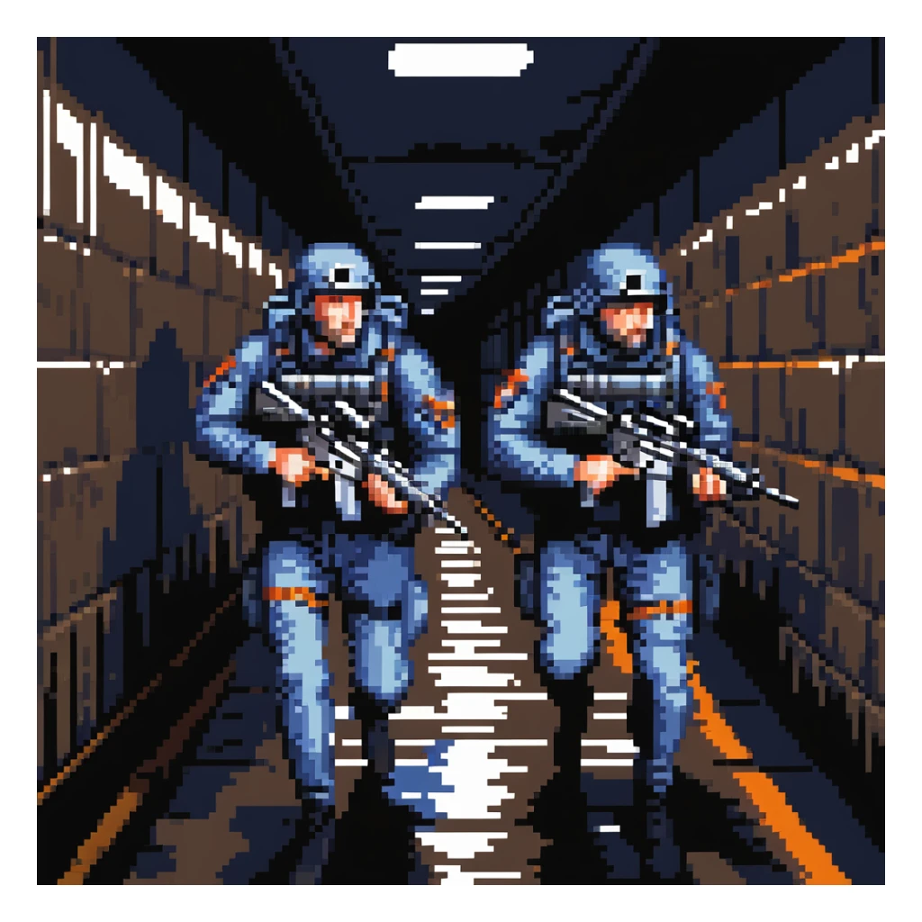 a SNES box art image of navy seals nicholas cage and sean cohnery sneaking through a dark sewer holding 2 mp5's, blue and orange color schemecutscene graphic - 3/4 side perspective sticker