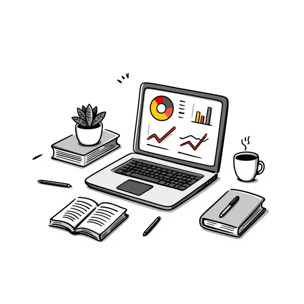 Academic research workspace with an open laptop showing data, scattered books and papers, and a pie chart and line graph. Hand-drawn doodle style with colorful data visualizations and book covers. sticker