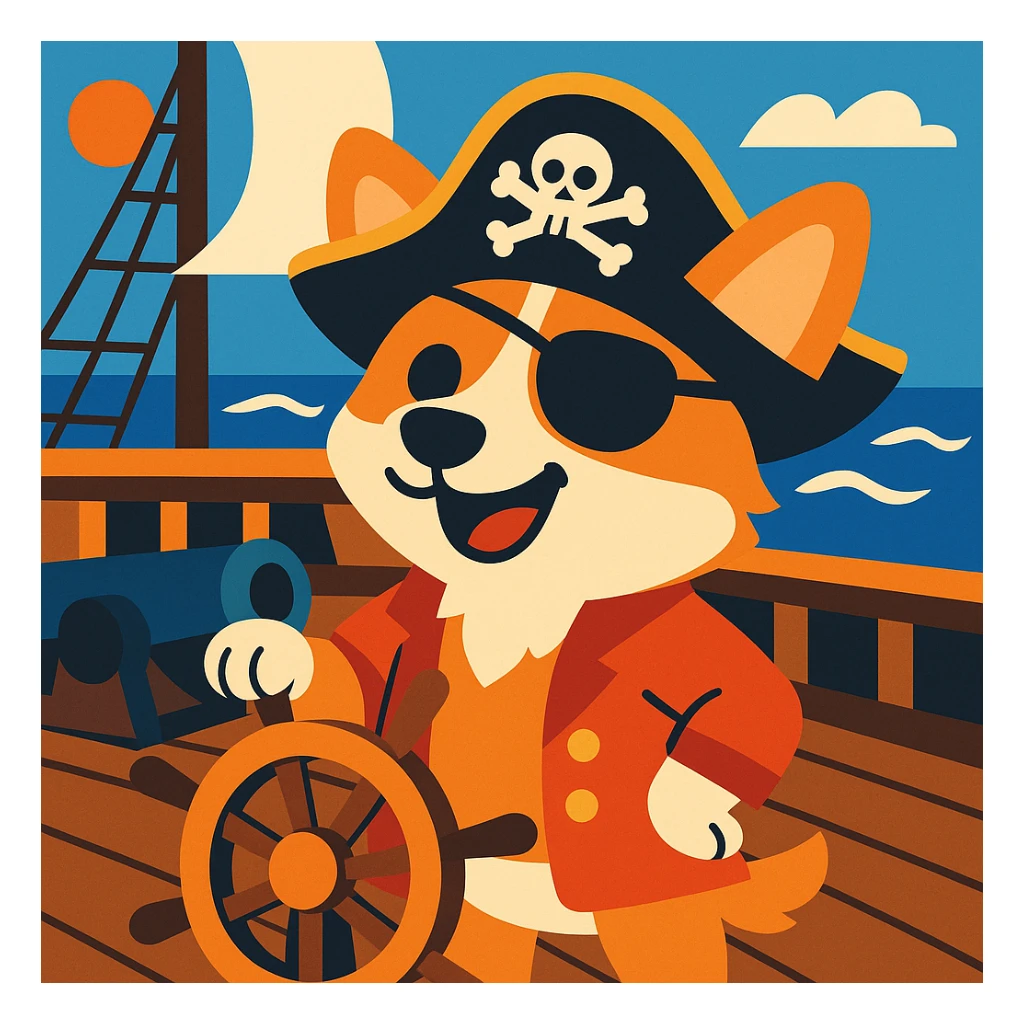 cartoon pirate corgi with an eyepatch and pirate hat on a pirate ship sticker