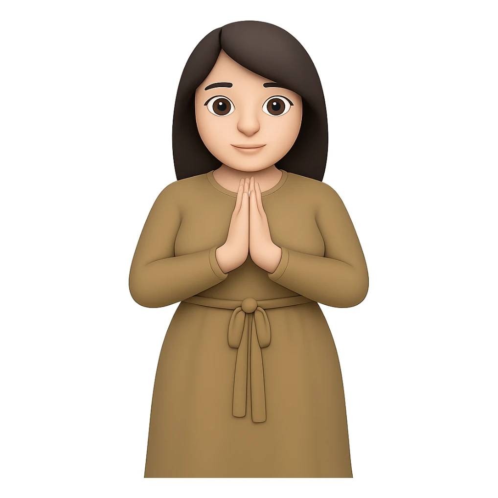 Make the woman have a normal, buxom body, standing and praying from the front view, wearing a long tan dress, with dark brown hair, in emoji style. Remove the background completely. sticker