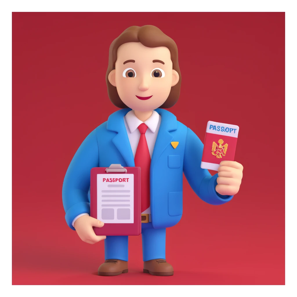 Add a background with the German flag. The universal character holds a passport or permanent residence document in hands. Maintain the 3D style. The character is neutral, friendly, and official. sticker