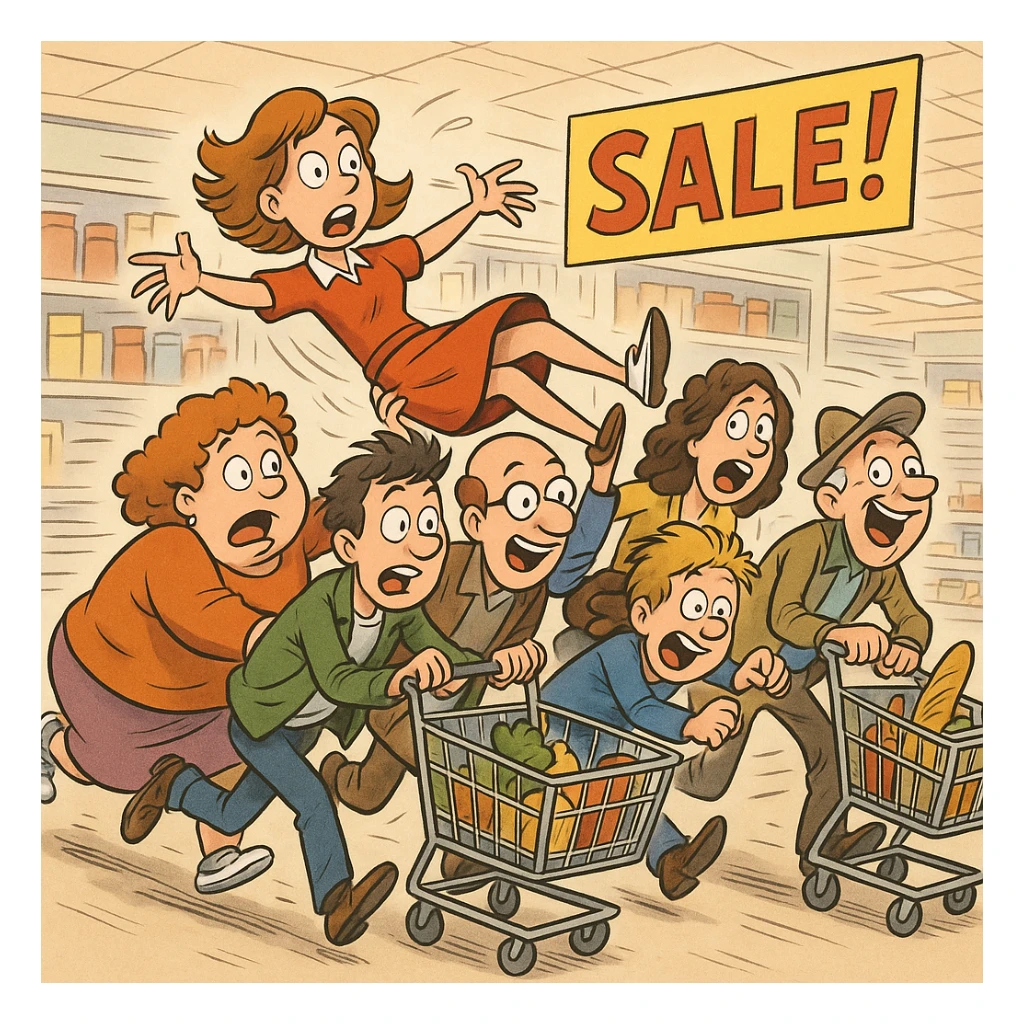a comical scene where a crowd of supermarket shoppers runs from left to right, carrying off the salesgirl in a chaotic and exaggerated manner sticker