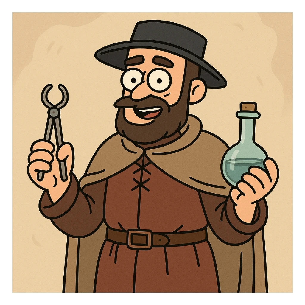 Tudor doctor, holding medical tools, flat toon cartoon style sticker