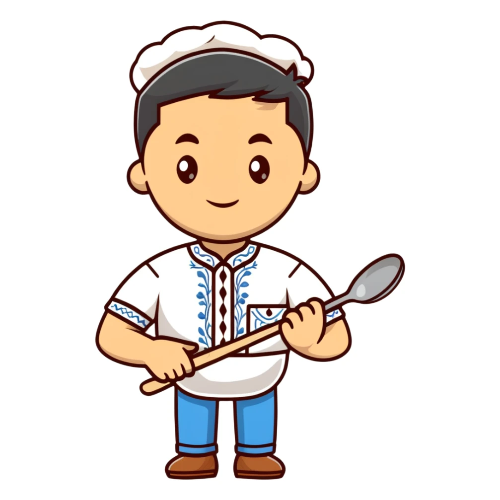 Ukrainian man in traditional white embroidered shirt holding a ladle and kitchen shears sticker