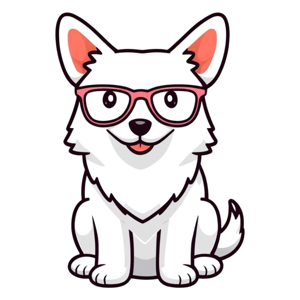 Dog wearing glasses with a sweet smile sticker