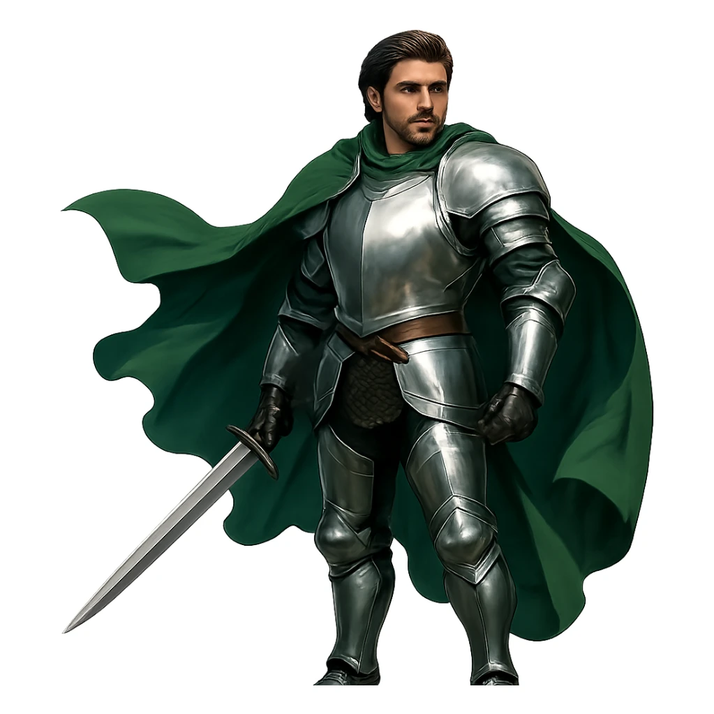 warrior with shiny silver armor, green cape flowing, confident expression sticker