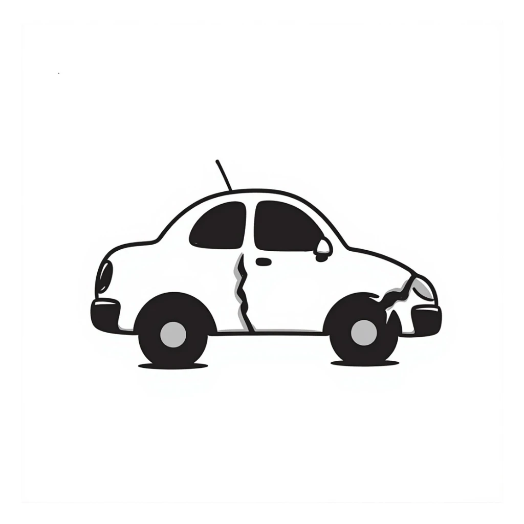 cartoon car with a big dent in the side, hand-drawn doodle style sticker
