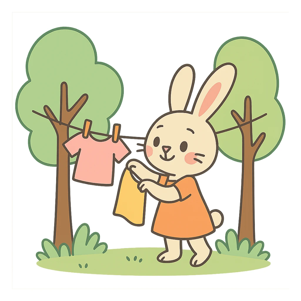 bunny hanging laundry between trees, calming domestic forest feel, pastel colors, flawless, high quality, no imperfections sticker