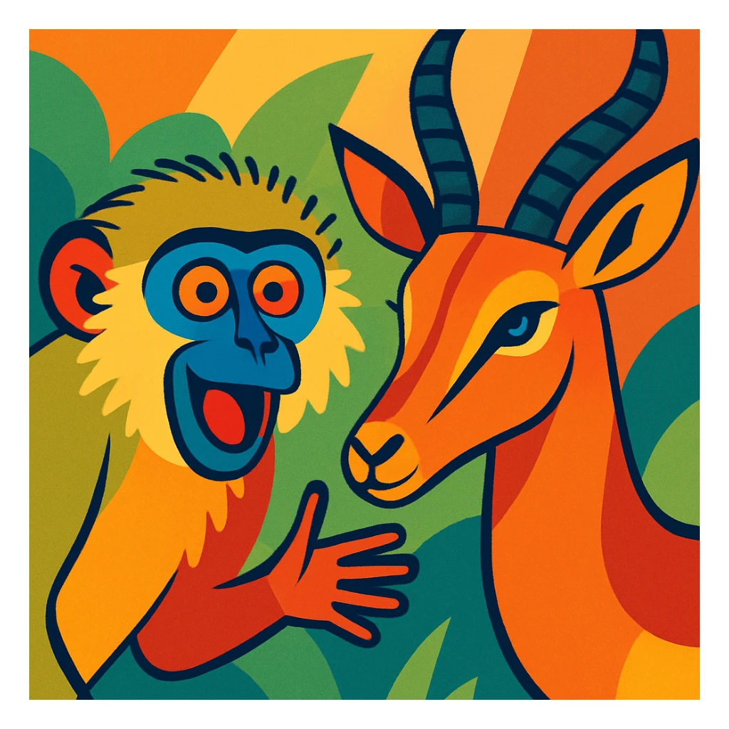 vervet monkey and impala head in vibrant toon style, expressive and colorful sticker