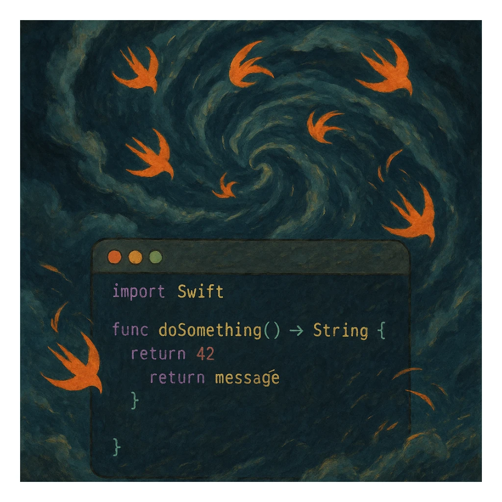 ghibli style illustration of a stormy code editor with swirling Swift symbols sticker