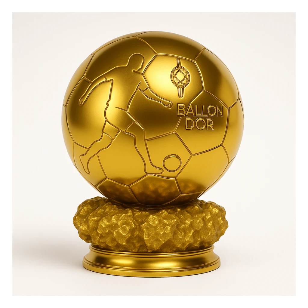 Replace the footballer silhouette on the Ballon d'Or trophy with Ousmane Dembélé's signature silhouette in a dynamic dribbling pose. Maintain a realistic gold style that is elegant and shiny, on a white background. sticker