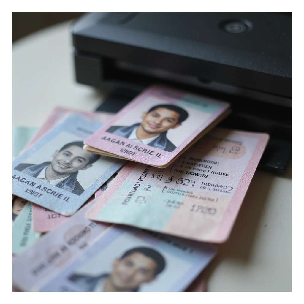 realistic thumbnail image for a passport photo printing service, showing a printer and many passport photos, with one photo in the front clearly highlighted and separated from the rest sticker
