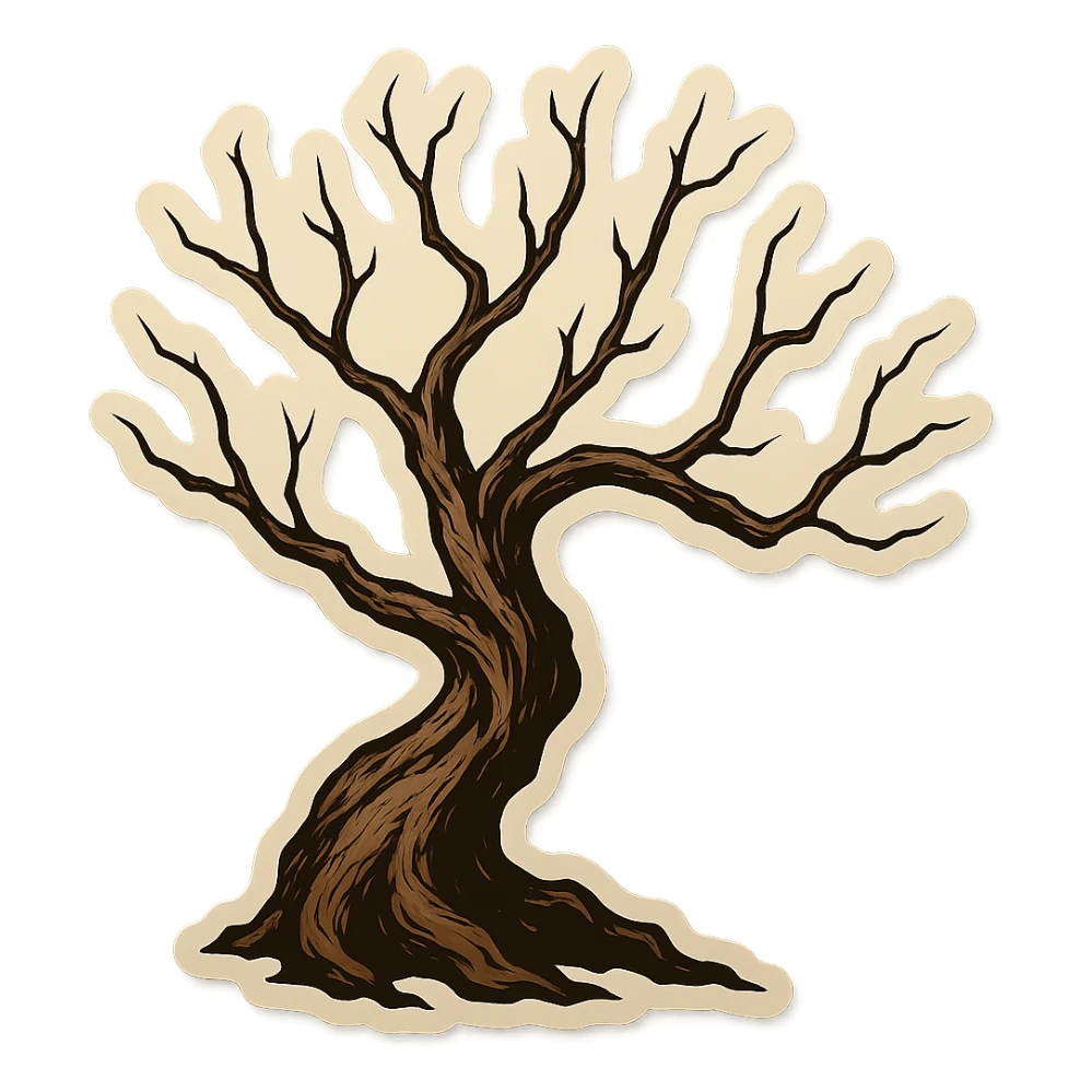 Dry tree with crooked branches without leaves, clear black outlines, expressive shadows and highlights, aged bark texture, retro stickers style, no smooth color transitions. sticker