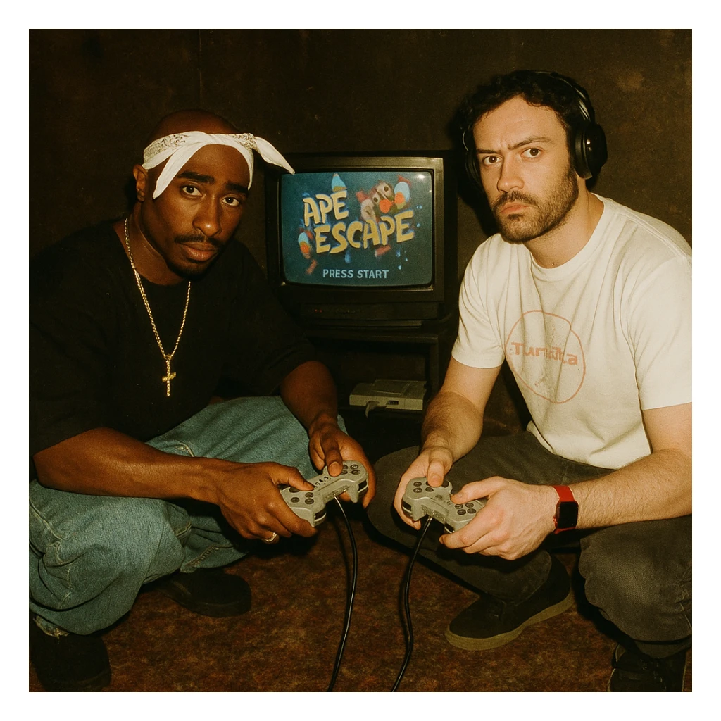 Create a grunge analog shot featuring a rapper in Tupac style (not recognizable) and the boy from the reference photo sitting on the floor. There is a 90s CRT TV with Ape Escape on Playstation 1 in a dimly lit room. Both hold Playstation 1 controllers and look at the camera with flash, creating a retro atmosphere. sticker
