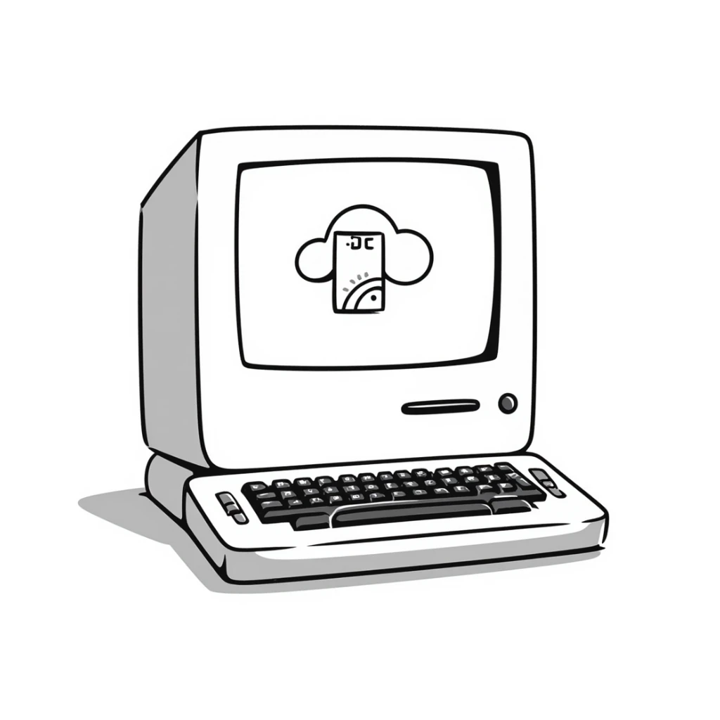 Pixel art style old Macintosh computer, simple monochrome linework sticker