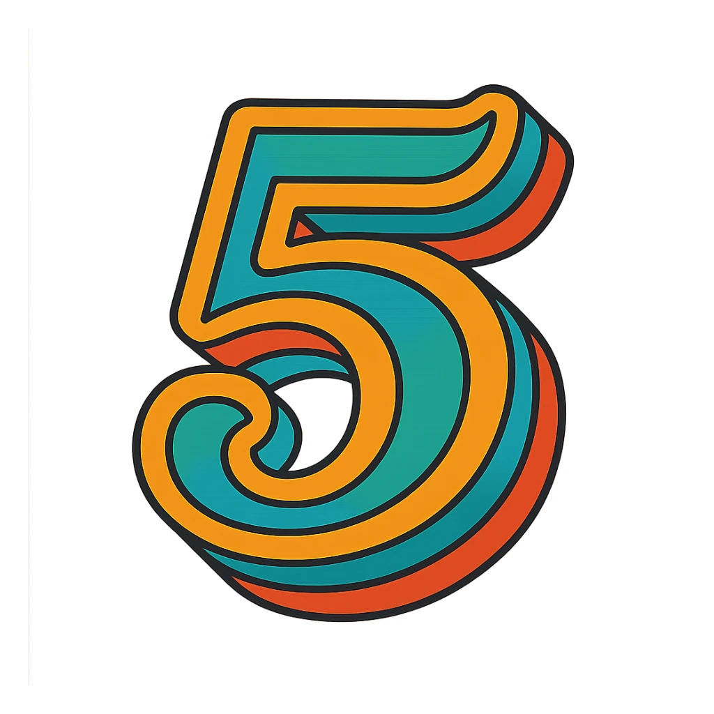 number 5 in a retro 70s style, bold, colorful, groovy design sticker
