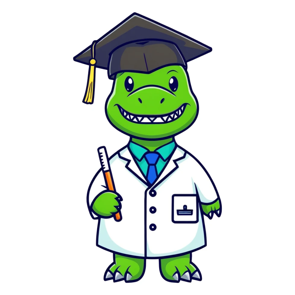 Dinosaur with dentist attire and graduation cap sticker
