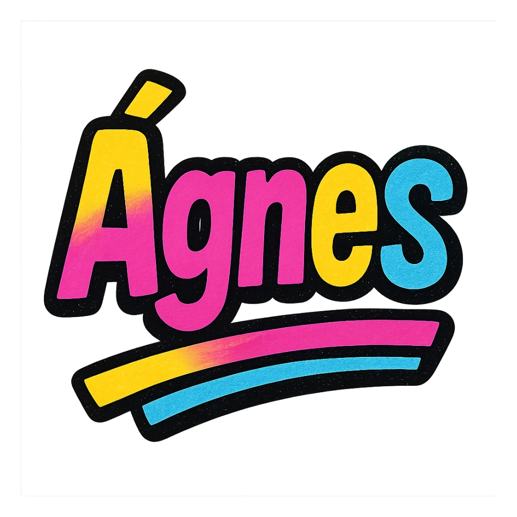 Ágnes name in modern colorful gradient font with dark outline, dynamic slanted or partial underline, transparent background, in the style of reference patterns sticker