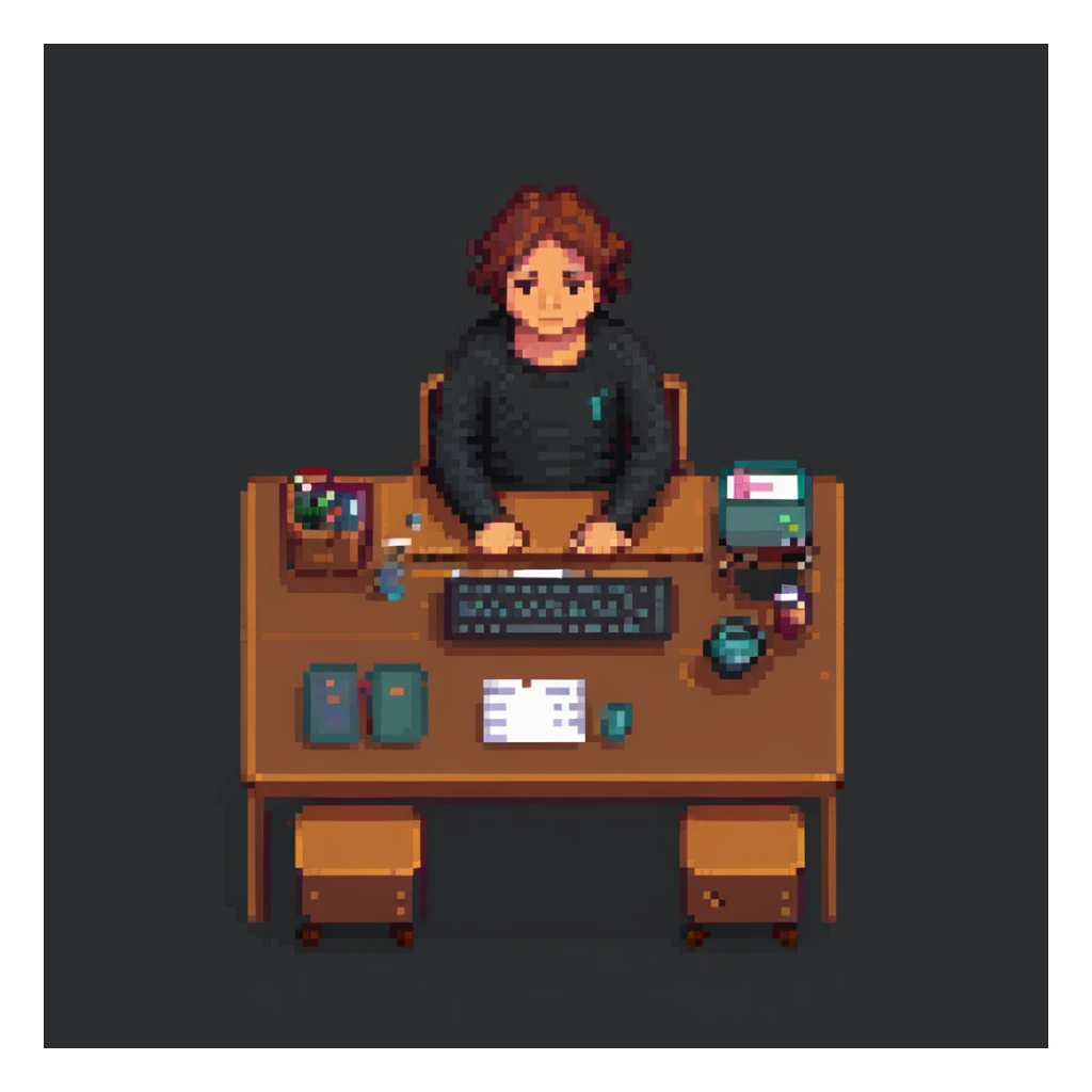 frustrated man, pixel art, sitting at desk, slumped posture sticker