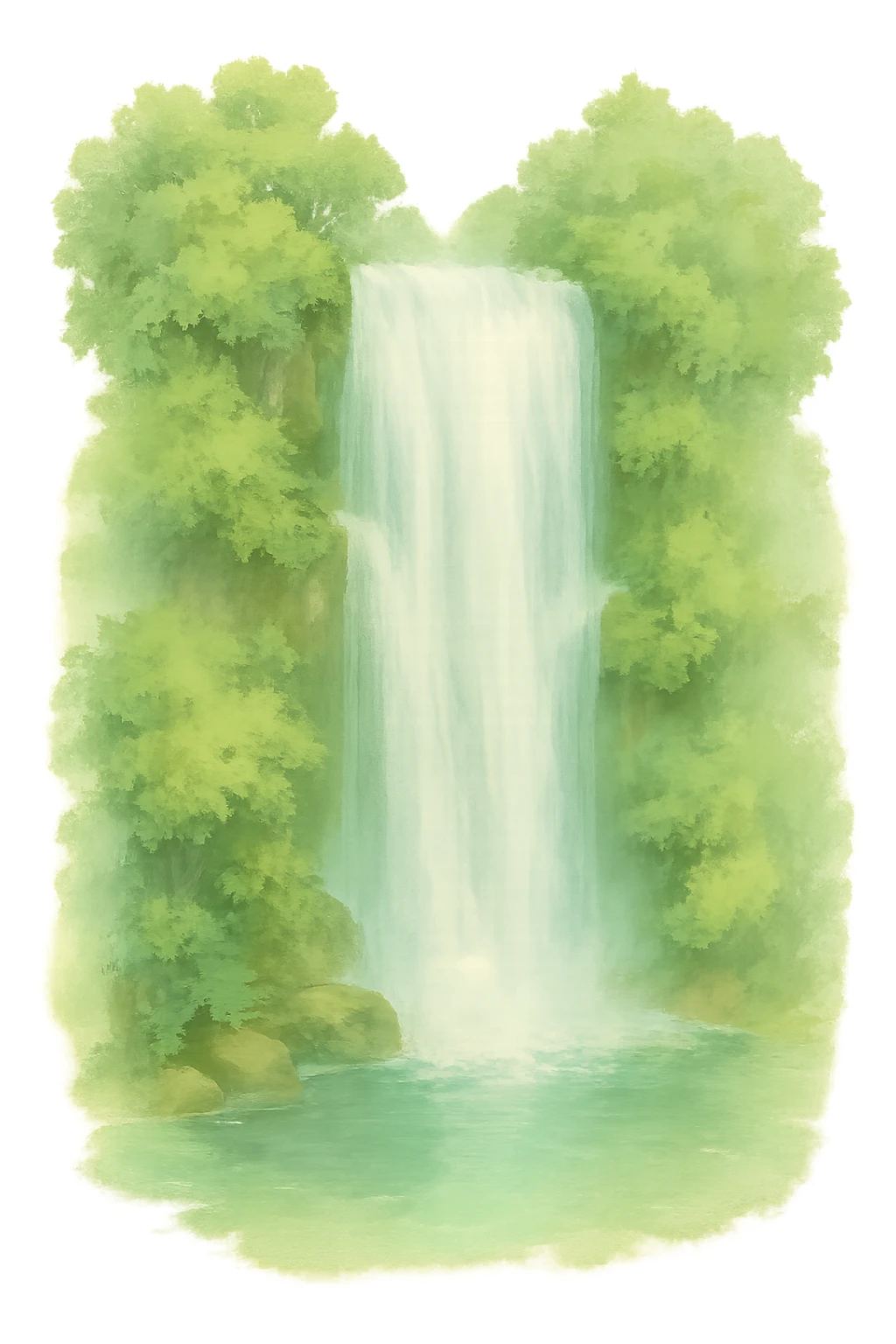 a realistic waterfall, natural colors, soft, fairy-like atmosphere, no background sticker