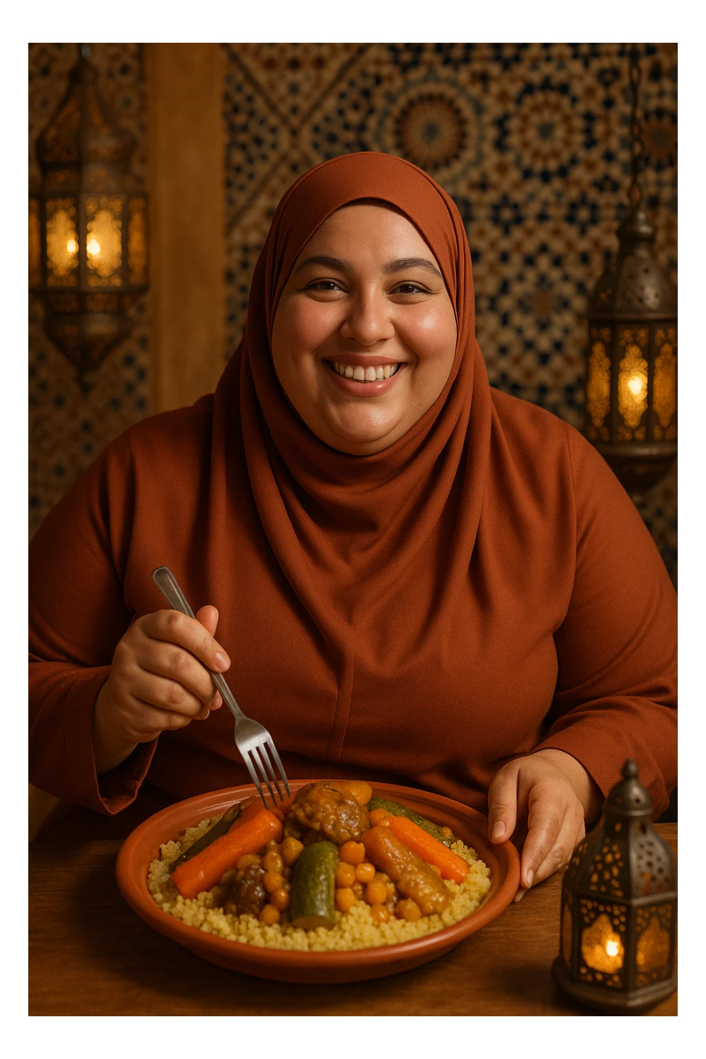 a curvy Moroccan woman in an integral hijab, enjoying couscous at a table sticker