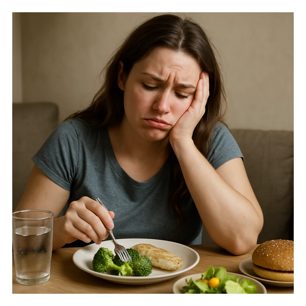 hyper realistic woman with a frustrated or discouraged expression, feeling discomfort, sitting in front of unappealing food, detailed realistic scene, conveying difficulty following a diet far from her preferences sticker