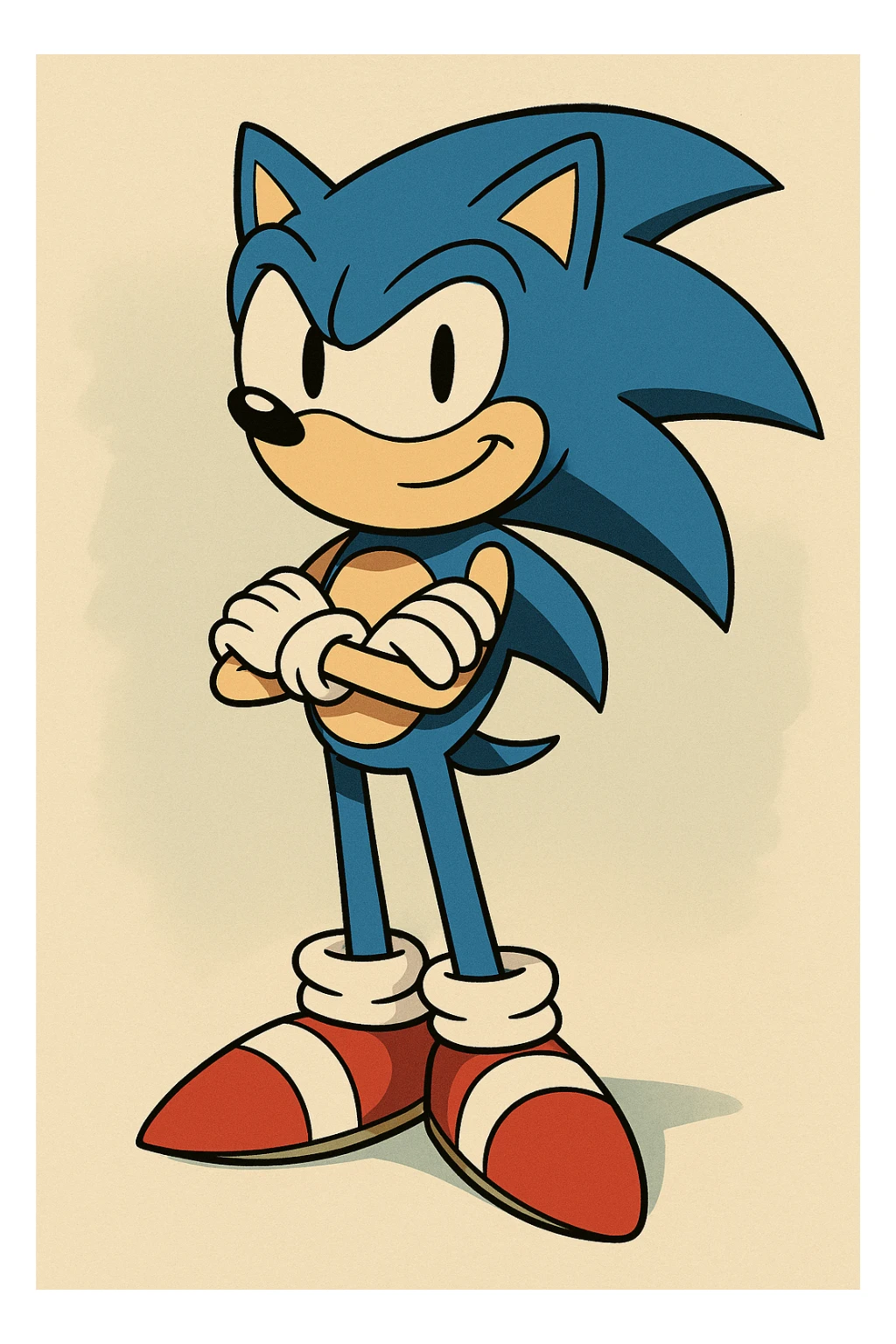 Sonic the Hedgehog, standing with arms crossed, confident, blue spikes, red shoes, modern animation style, vibrant colors sticker