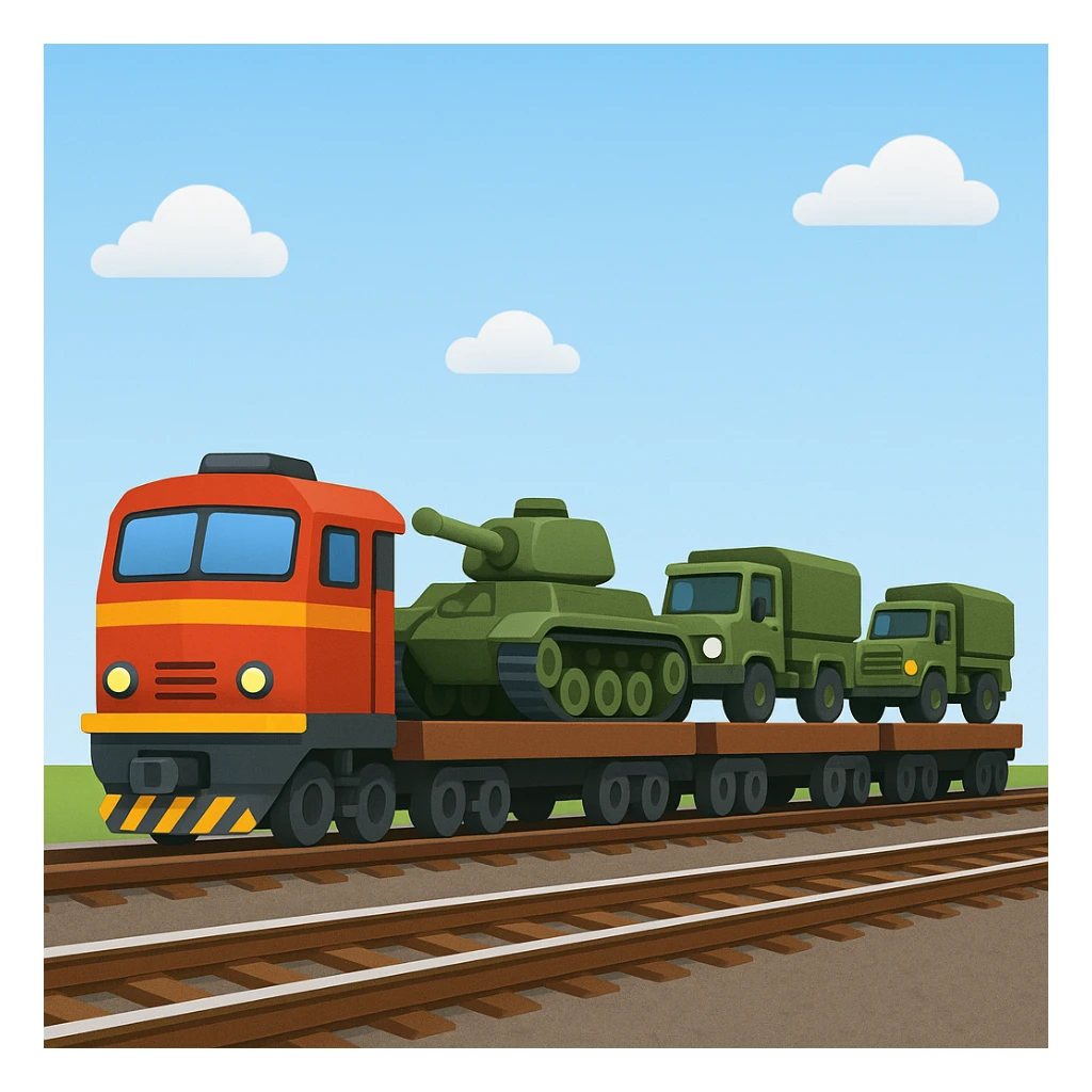Create a realistic ordinary cargo train transporting military equipment such as tanks and trucks in a classic emoji style. This is variant 3 of the design. sticker