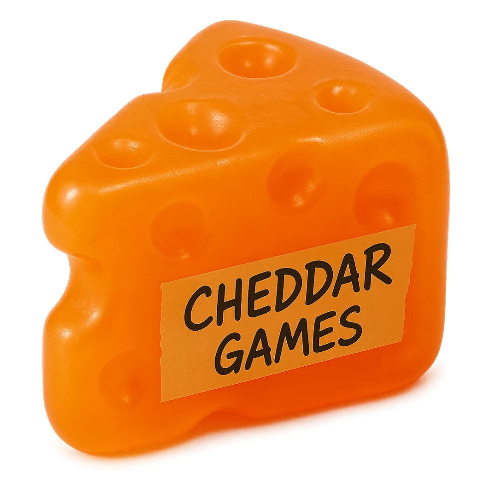 Transform the block of cheddar cheese into the exact shape of the reference image: a classic cartoon Swiss cheese wedge with rounded edges and holes. Change the color to a much more translucent, bright orange gummy bear-like hue. Maintain the hyper-realistic, retro, soft plastic 90's toy texture with soft reflections, a slightly squishy and cloudy appearance, and a subtle glow. Keep the tape with 'Cheddar Games' in sharp, messy handwriting on the side. No background. sticker