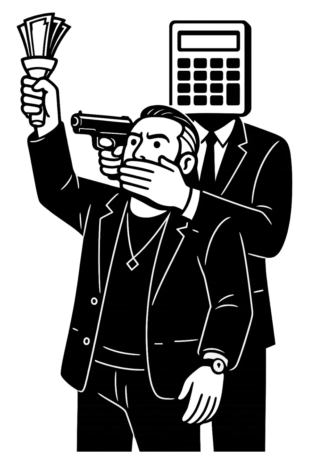 Используя такую стилистику и точно такого же героя, сгенерируй картинку. На ней позади героя стоит фигура в черном костюме, у которой вместо головы калькулятор и она приставила к виску героя пистолет, а другой рукой закрывает рот героя, прозрачный фон sticker