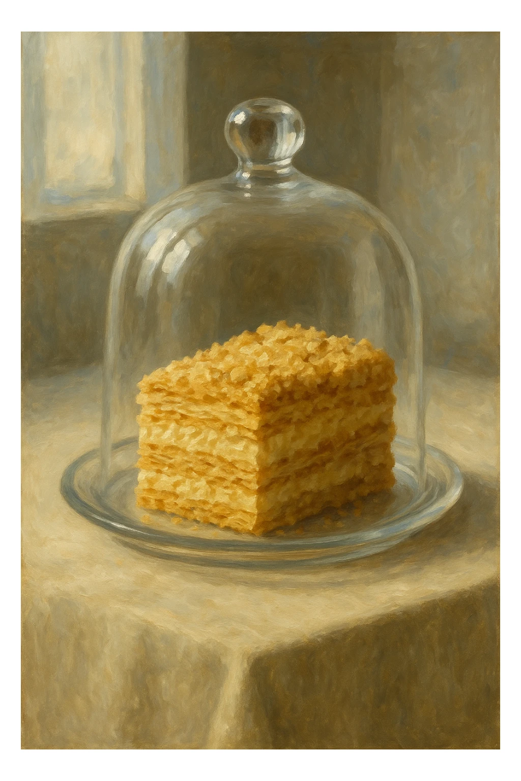 Сгенерируй мне кусочек торта наполеона под Клош в стиле реалистичной живописи. Освещение светлое sticker