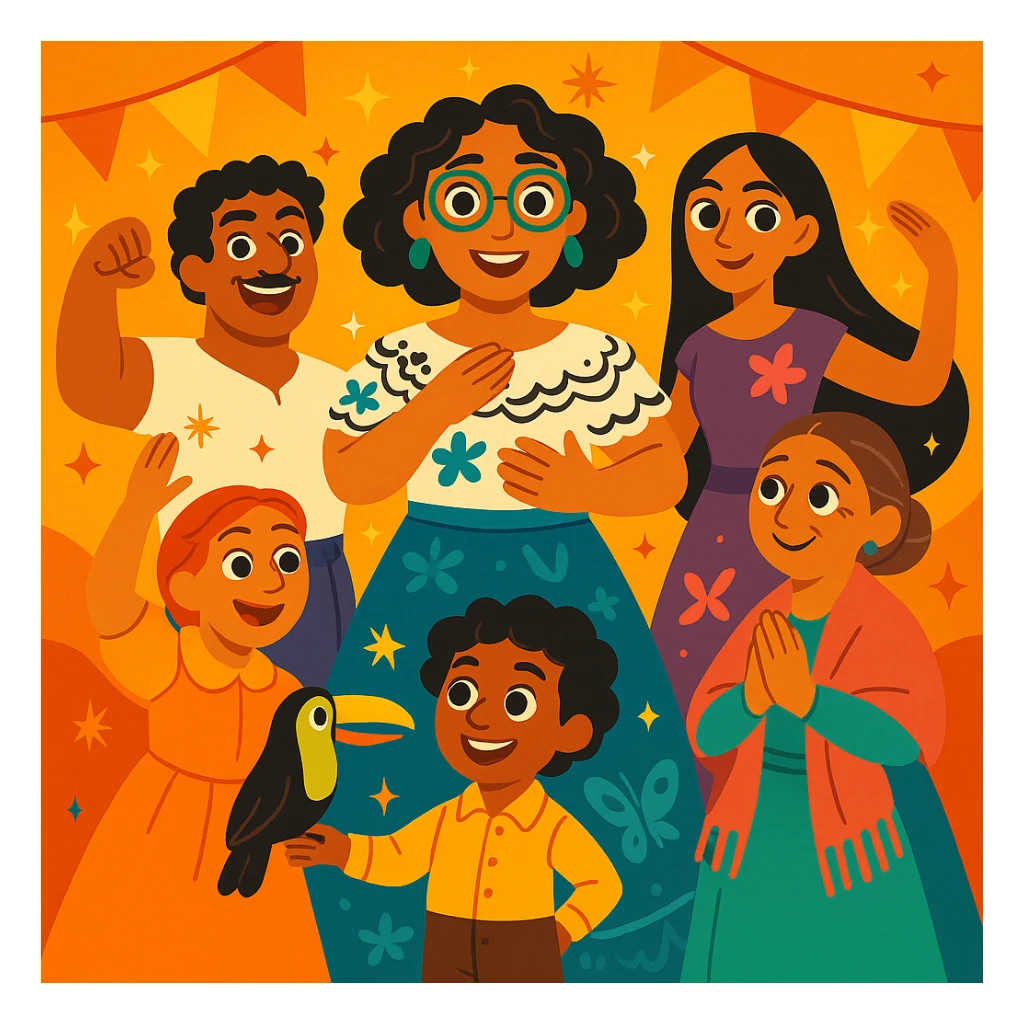 Edit the Madrigal family illustration to remove Bruno, keep all other characters, whimsical style, magical sparkles, festive atmosphere, no Bruno. sticker