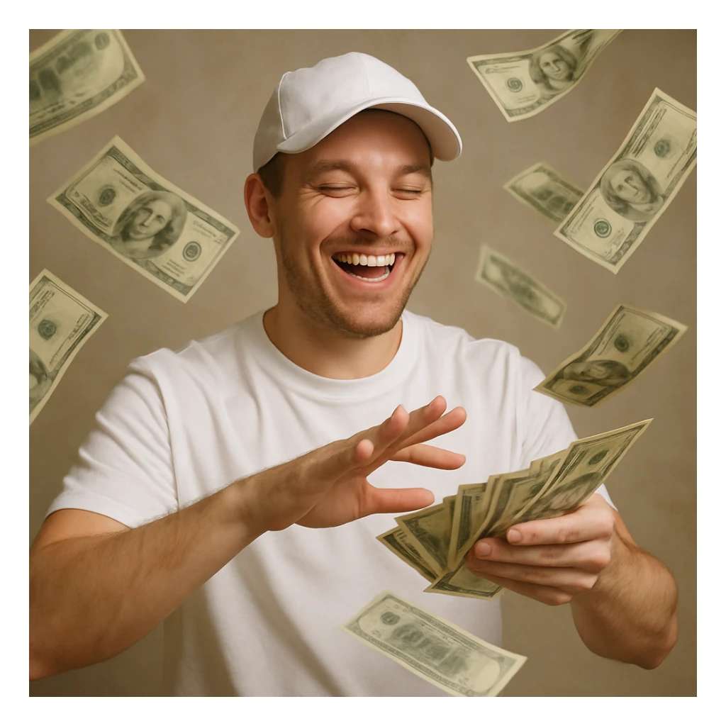 white man with a white cap playing with money, style 1 sticker